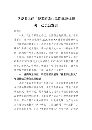 党委书记在“提素质改作风促规范优服务”动员会发言