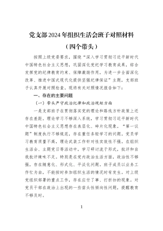 党支部2024年组织生活会班子对照材料（四个带头）