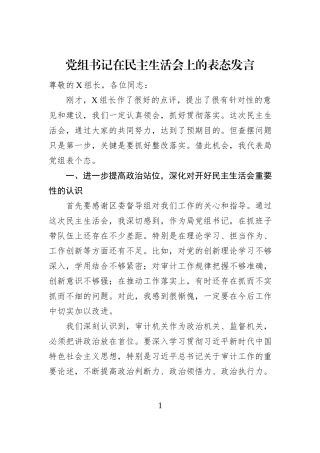 党组书记在民主生活会上的表态发言