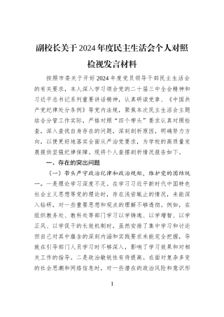 副校长关于2024年度民主生活会个人对照检视发言材料