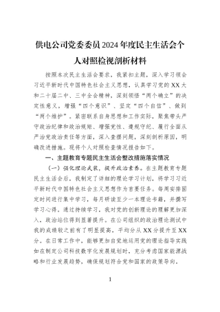 供电公司党委委员2024年度民主生活会个人对照检视剖析材料