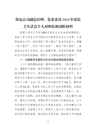 供电公司副总经理、党委委员2024年度民主生活会个人对照检视剖析材料