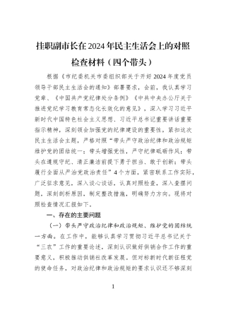 挂职副市长在2024年民主生活会上的对照检查材料（四个带头）