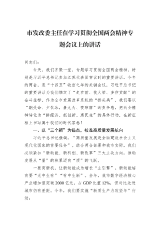 市发改委主任在学习贯彻全国两会精神专题会议上的讲话