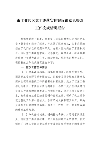 市工业园区党工委落实巡察反馈意见整改工作完成情况报告