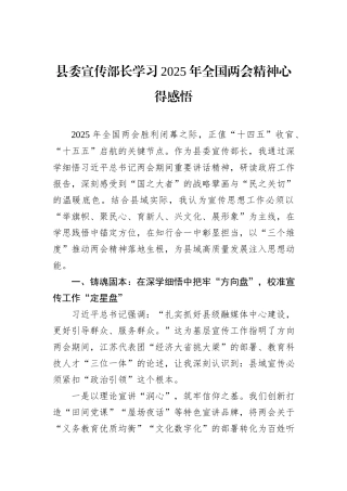 县委宣传部长学习2025年全国两会精神心得感悟