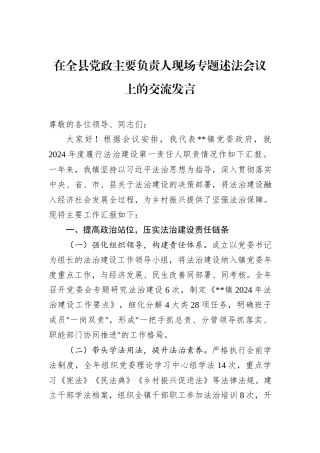 在全县党政主要负责人现场专题述法会议上的交流发言