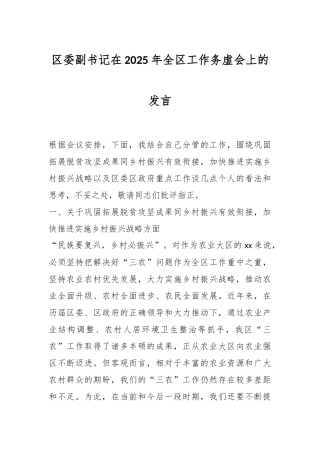 区委副书记在2025年全区工作务虚会上的发言