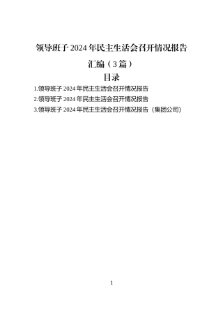 领导班子2024年民主生活会召开情况报告汇编（3篇）