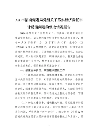 XX市招商促进局党组关于落实经济责任审计反馈问题的整改情况报告