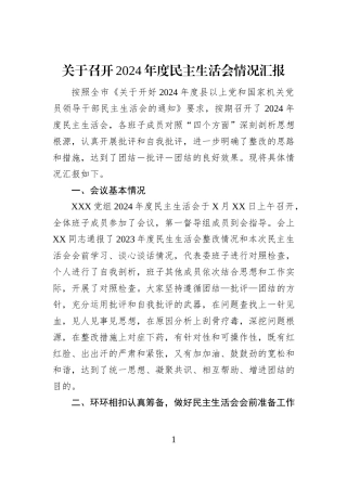 关于召开2024年度民主生活会情况汇报