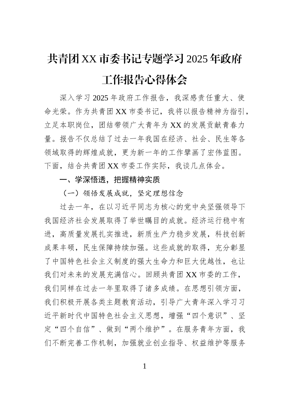 共青团XX市委书记专题学习2025年政府工作报告心得体会_第1页