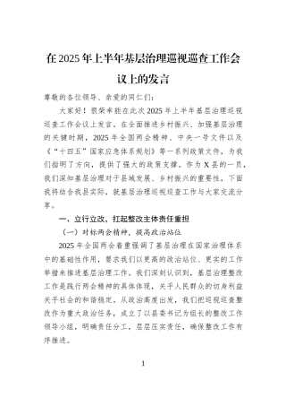 在2025年上半年基层治理巡视巡查工作会议上的发言