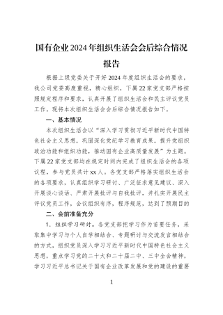 国有企业2024年组织生活会会后综合情况报告
