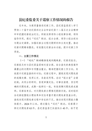 县纪委监委关于巡察工作情况的报告