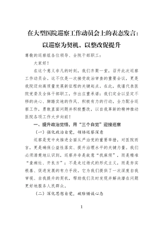 在大型医院巡察工作动员会上的表态发言：以巡察为契机，以整改促提升
