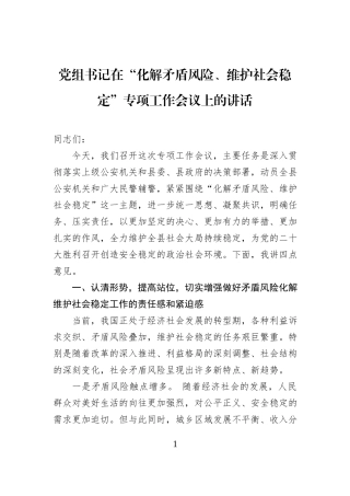 党组书记在“化解矛盾风险、维护社会稳定”专项工作会议上的讲话