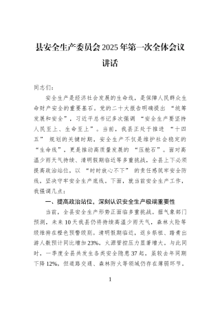 县安全生产委员会2025年第一次全体会议讲话