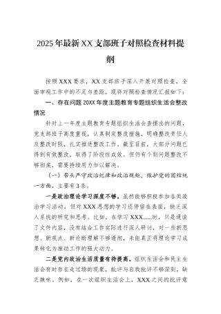 2025年最新XX支部班子对照检查材料提纲