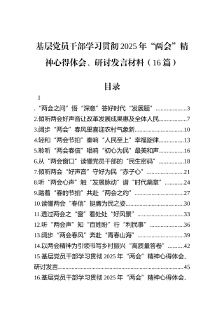 基层党员干部学习贯彻2025年“两会”精神心得体会、研讨发言材料（16篇）