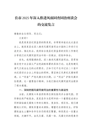 在市2025年深入推进风腐同查同治座谈会的交流发言