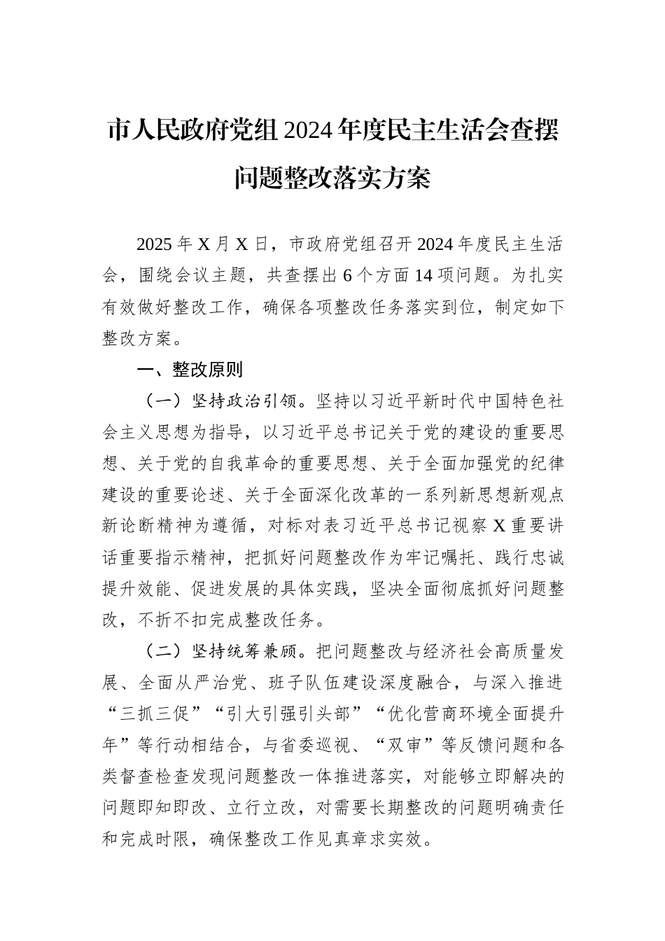 市人民政府党组2024年度民主生活会查摆问题整改落实方案_第1页