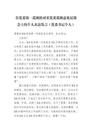 在党委第一巡视组对某党委巡视意见反馈会上的个人表态发言（党委书记个人）