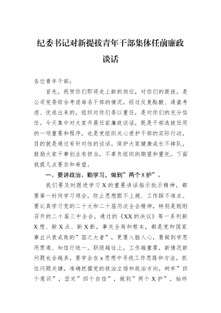 纪委书记对新提拔青年干部集体任前廉政谈话