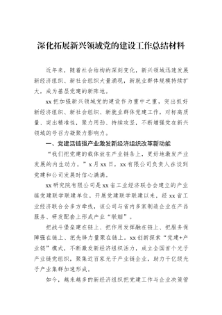 深化拓展新兴领域党的建设工作总结材料