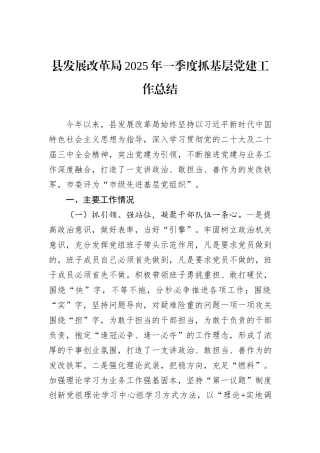 县发展改革局2025年一季度抓基层党建工作总结