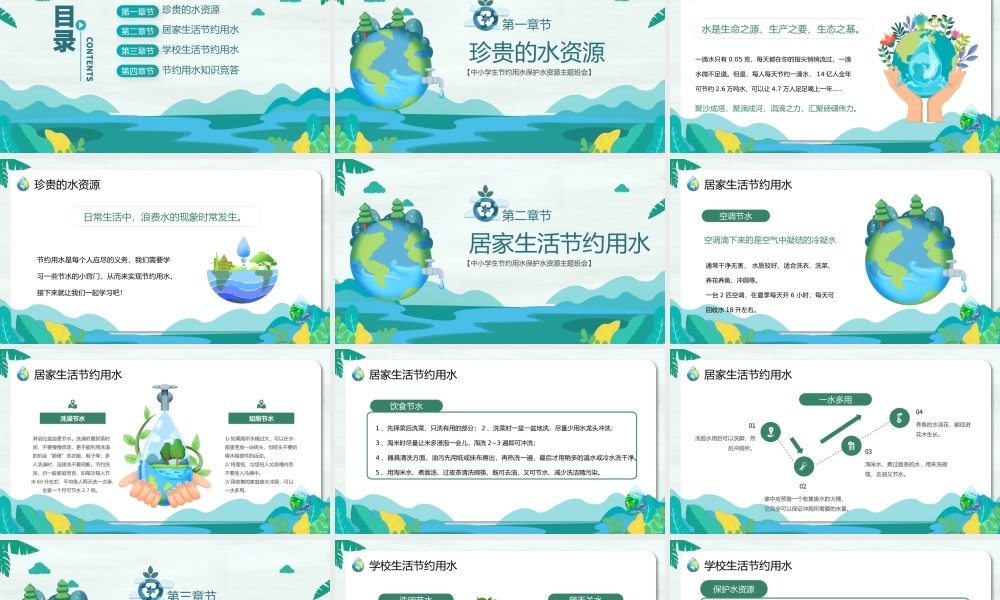 2023保护水资源PPT卡通风中小学生节约用水保护水资源主题班会课件模板下载.pptx