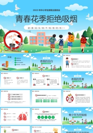 2023青春花季拒绝吸烟PPT卡通风中小学生禁烟主题班会课件模板.pptx