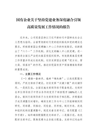 国有企业关于坚持党建业务深度融合引领高质量发展工作情况的报告.docx