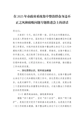 在2025年市政府系统集中整治群众身边不正之风和腐败问题专题推进会上的讲话.docx