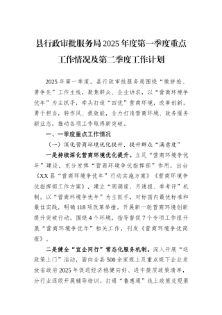 县行政审批服务局2025年度第一季度重点工作情况及第二季度工作计划.docx