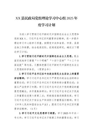 XX县民政局党组理论学习中心组2025年度学习计划.docx