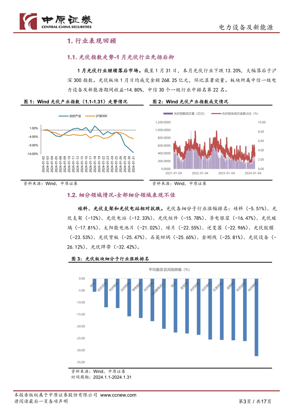 光伏行业月报：国内新增光伏装机表现亮眼，四季度行业业绩承压-20240131-中原证券-17页.pdf_第3页