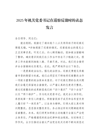2025年机关党委书记在巡察反馈时的表态发言.docx