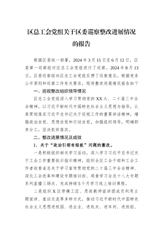 区总工会党组关于区委巡察整改进展情况的报告.docx