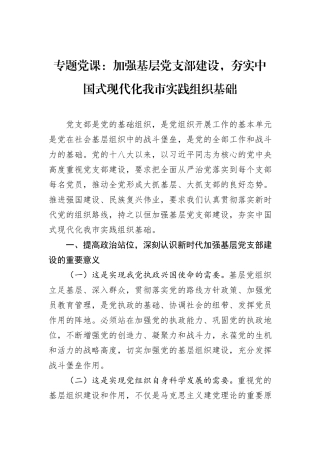 专题党课：加强基层党支部建设，夯实中国式现代化我市实践组织基础.docx