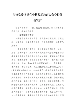 乡镇党委书记在全县警示教育大会心得体会发言.docx