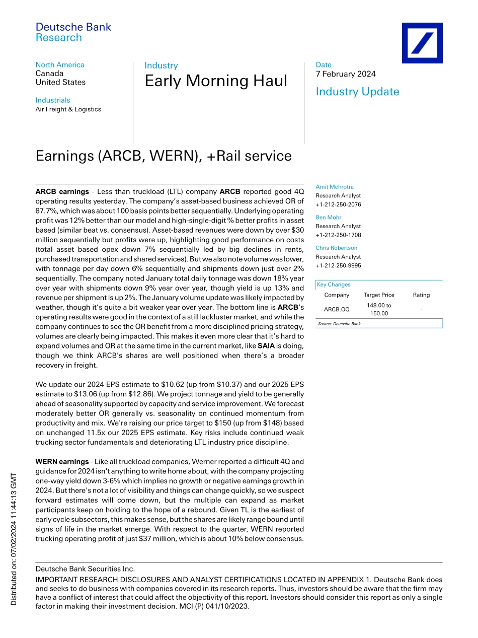 Deutsche Bank-Early Morning Haul Earnings (ARCB, WERN), +Rail service-106395205.pdf_第1页