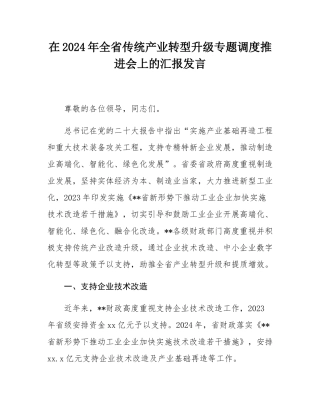 在2024年全省传统产业转型升级专题调度推进会上的汇报发言.docx