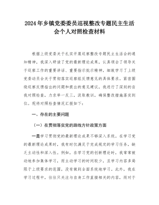 2024年乡镇党委委员巡视整改专题民主生活会个人对照检查材料.docx