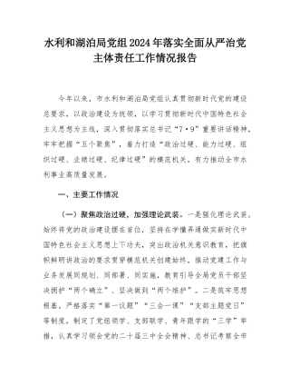 水利和湖泊局党组2024年落实全面从严治党主体责任工作情况报告.docx