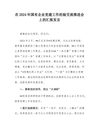 在2024年国有企业党建工作经验交流推进会上的汇报发言.docx