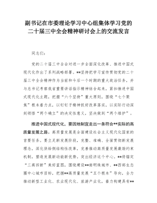 副书记在市委理论学习中心组集体学习党的二十届三中全会精神研讨会上的交流发言.docx