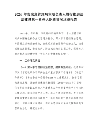 2024 年市应急管理局主要负责人履行推进法治建设第一责任人职责情况述职报告.docx