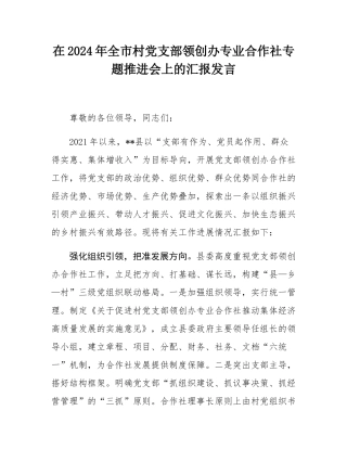 在2024年全市村党支部领创办专业合作社专题推进会上的汇报发言.docx