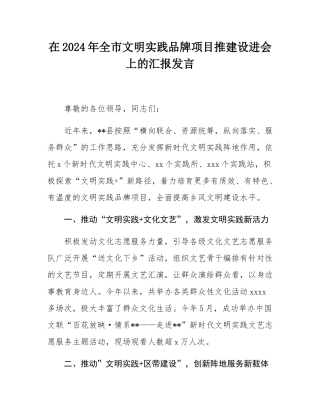 在2024年全市文明实践品牌项目推建设进会上的汇报发言.docx